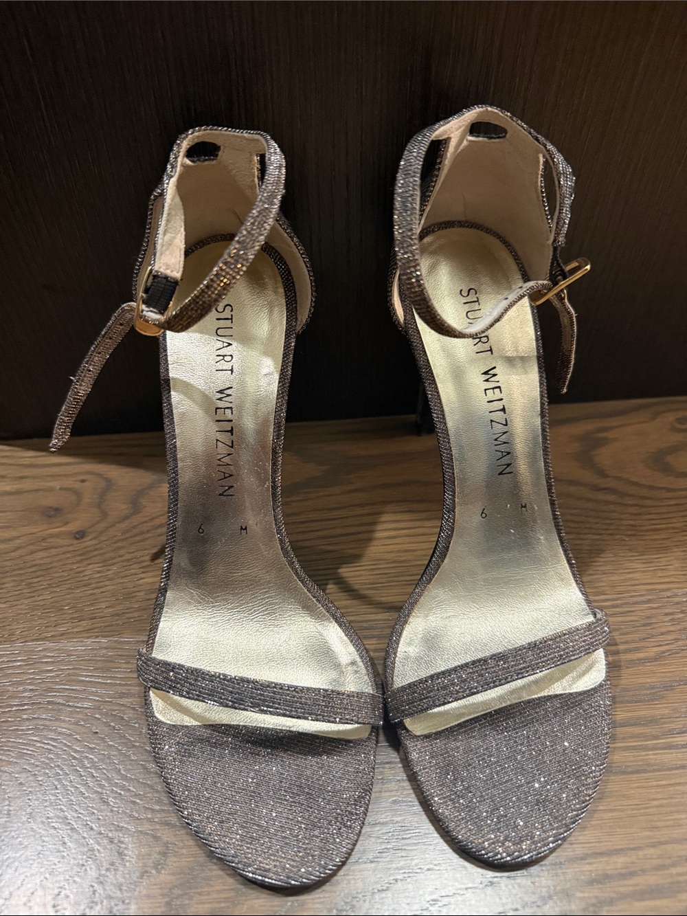 Stuart Weitzman Nudistsong Bronze Metallic Ankle-Strap Heels